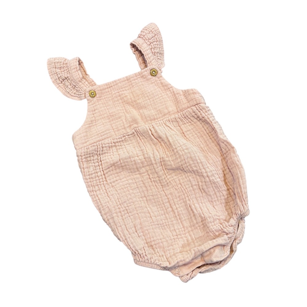 Rabbit + Bear Blush Pink Organic Cotton Gauze Ruffle Bubble Romper 18M Cute Chic - Picture 1 of 13